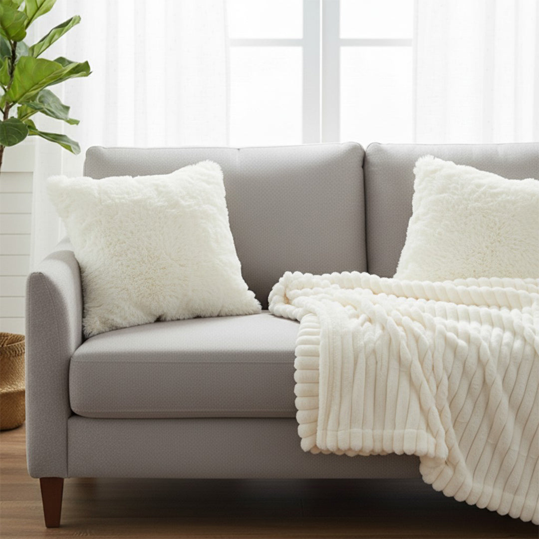 SOGA Home & Living Bundle – 2 White Rabbit Fur Pillow & Pearl White Velvet Throw Blanket