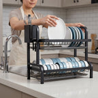 SOGA 2 Tier Steel Black Kitchen Countertop Drying Dish Rack Plate Cutlery Cutting Board Holder Dish Drainer Kitchen Organiser