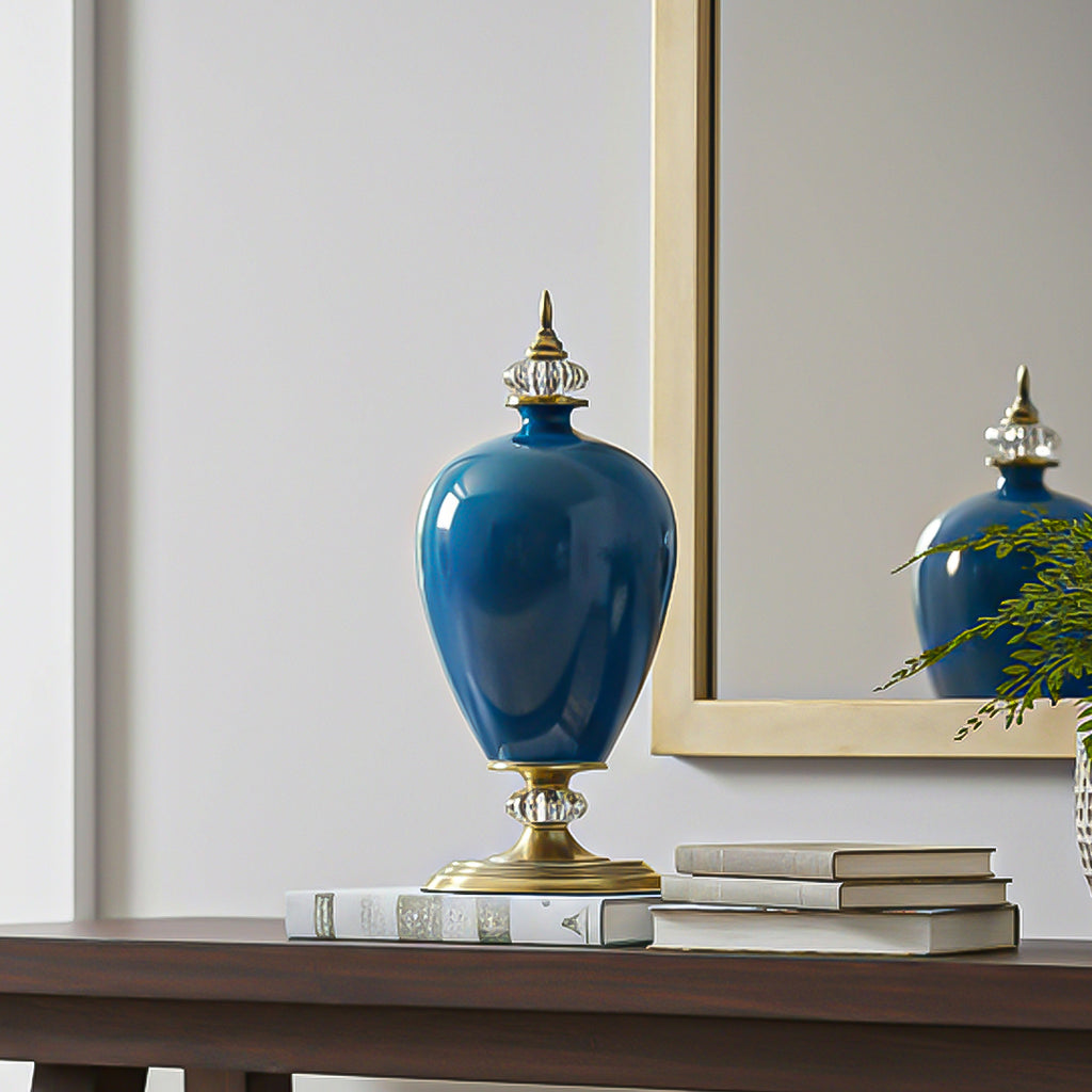 SOGA 42cm Ceramic Oval Flower Vase with Gold Metal Base Dark Blue