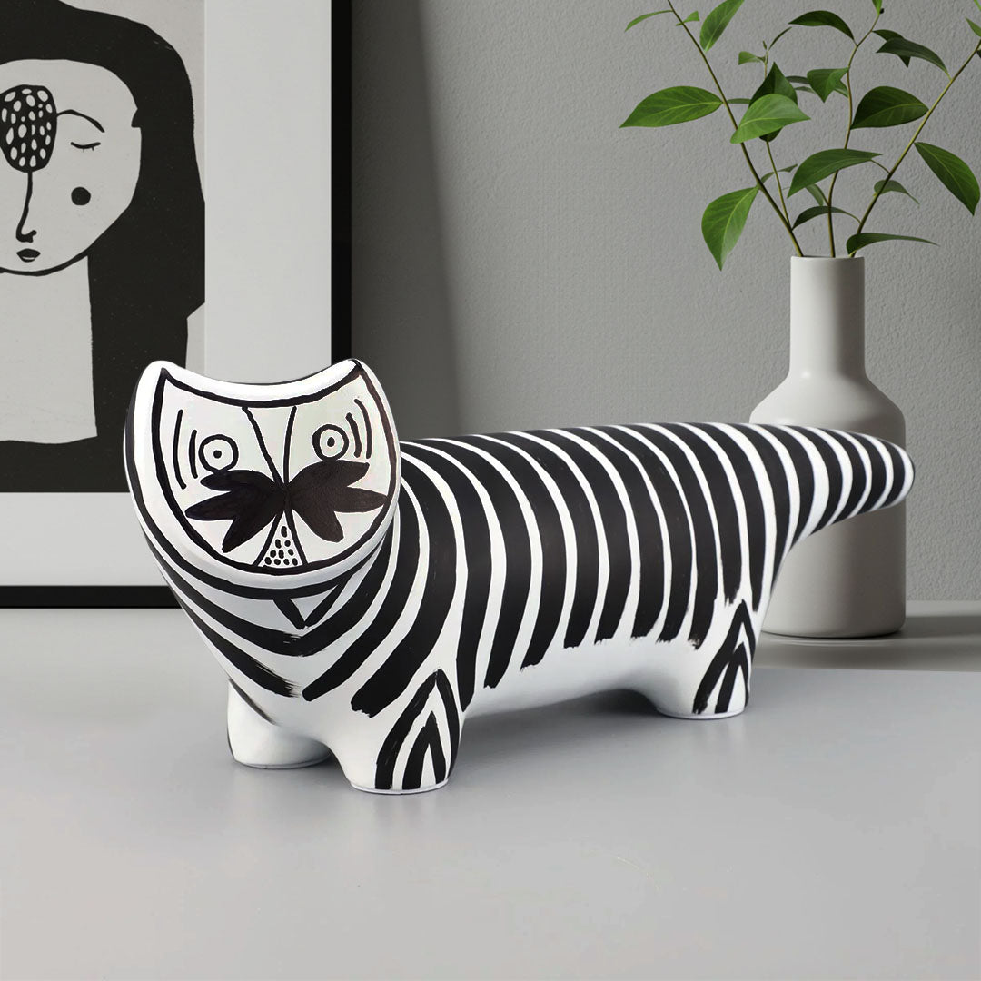 SOGA 47cm Elongated Black and White Striped Cat Resin Sculpture