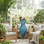 SOGA 67cm Blue Glass Tall Floor Vase with 10pcs White Artificial Fake Flower Set