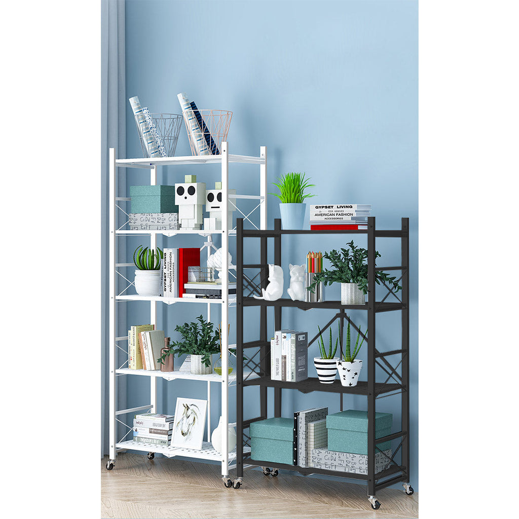 SOGA 4 Tier Steel Black Foldable Display Stand Multi-Functional Shelves Storage Organizer with Wheels