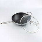 SOGA 34cm Stainless Steel Tri-Ply Frying Cooking Fry Pan Textured Non Stick Skillet with Glass Lid and Helper Handle