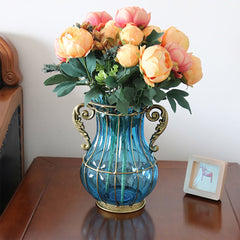 SOGA Blue Colored European Glass Home Decor Flower Vase with Two Metal Handle