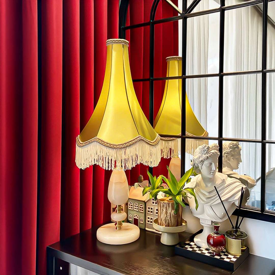 SOGA 2X Jade Stone Base Table Lamp Vintage Yellow Shade Tassel Fringe Bedside Desk Light $ 573