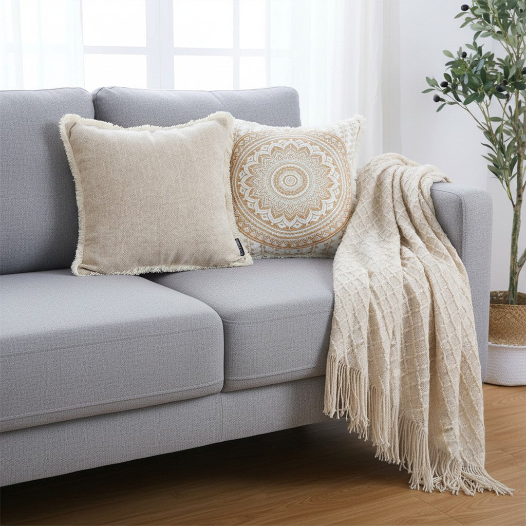 SOGA Home & Living Bundle – Chenille Tassel Pillow, Moon Cotton Pillow & Knitted Blanket