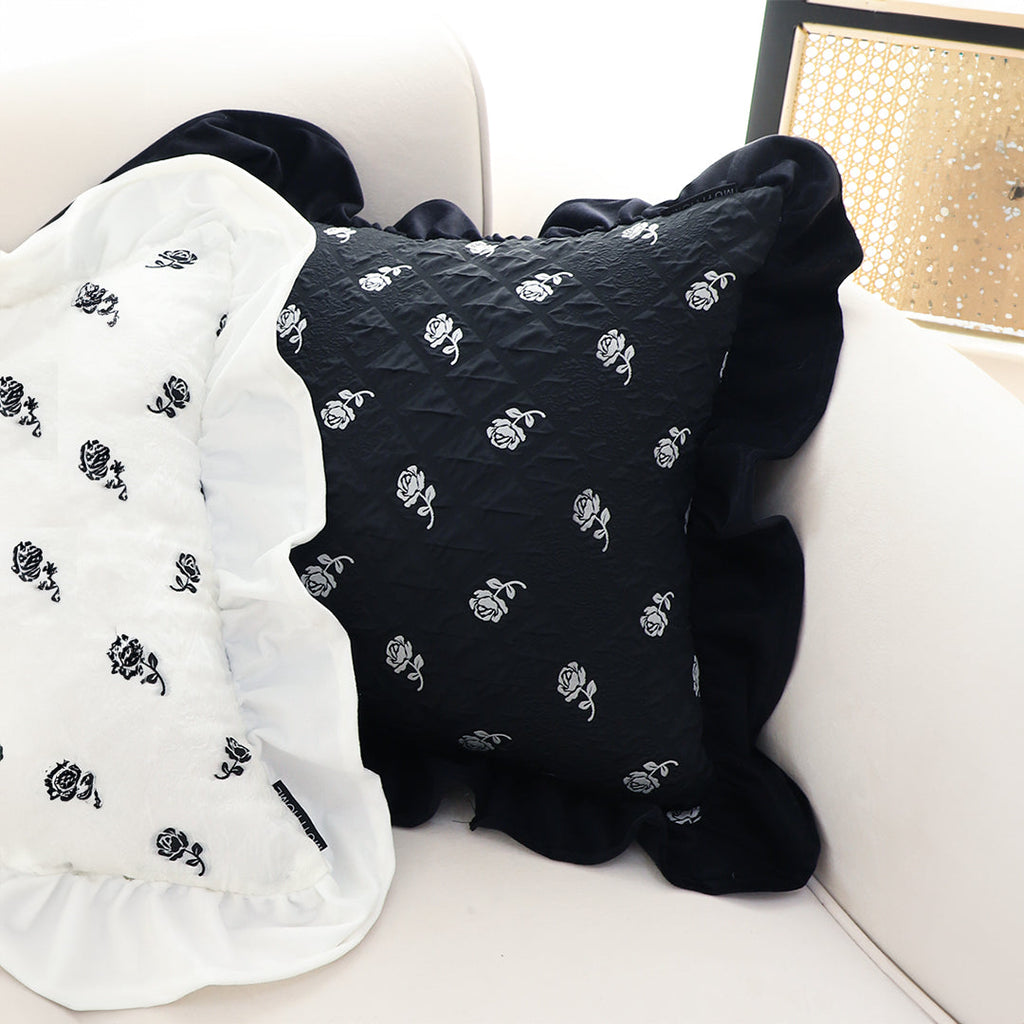 SOGA 2X 45cm Throw Pillow Black Ruffled Square Decorative Cushion for Rose Lovers Cozy Home Decor