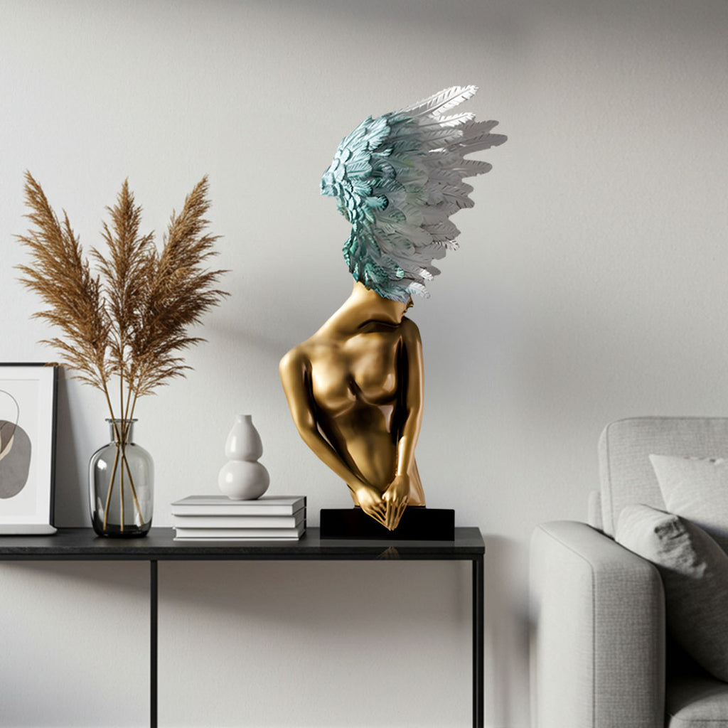 SOGA 86cm Gold Sculpture – Winged Resin Decor with Black Marble Base