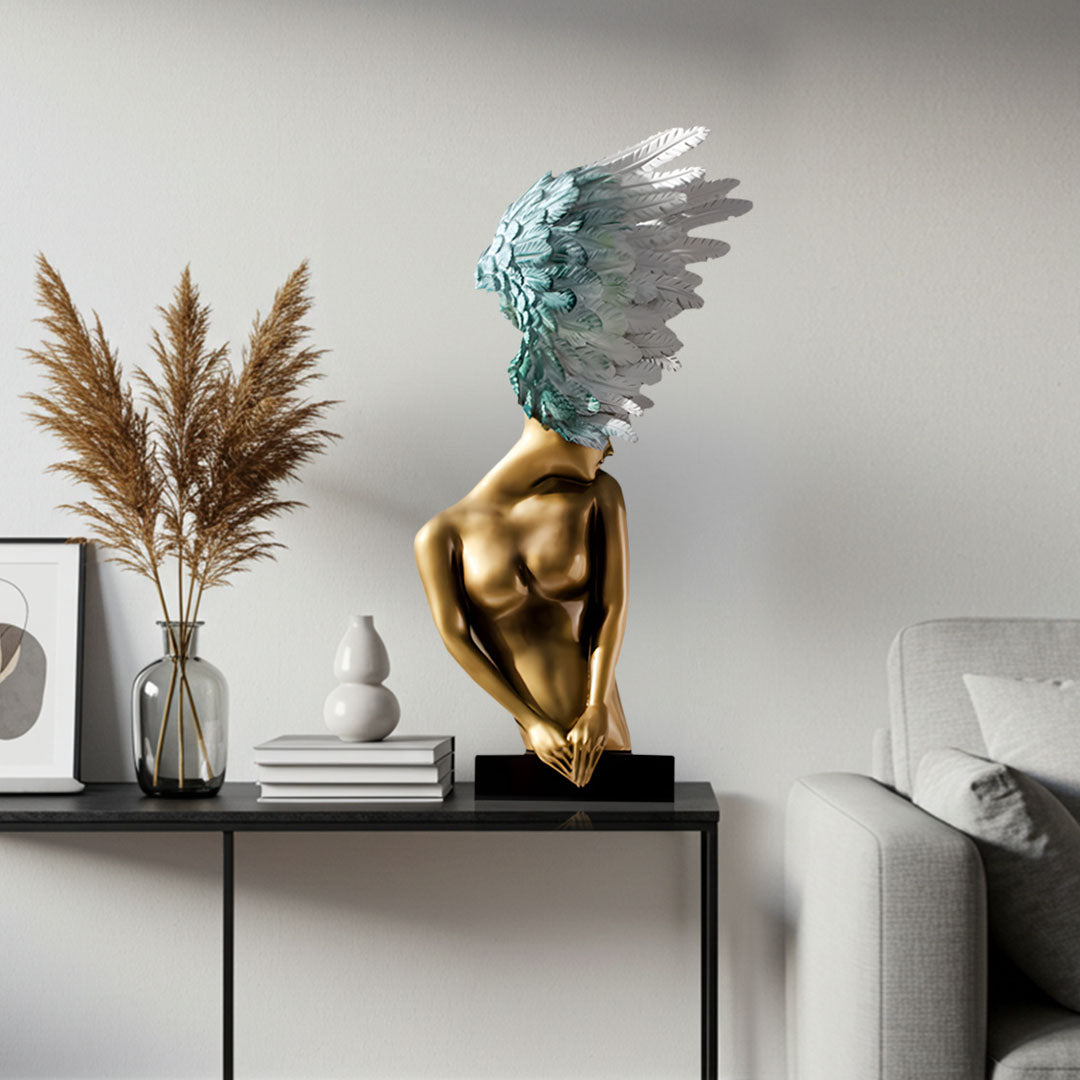 SOGA 86cm Gold Sculpture – Winged Resin Decor with Black Marble Base