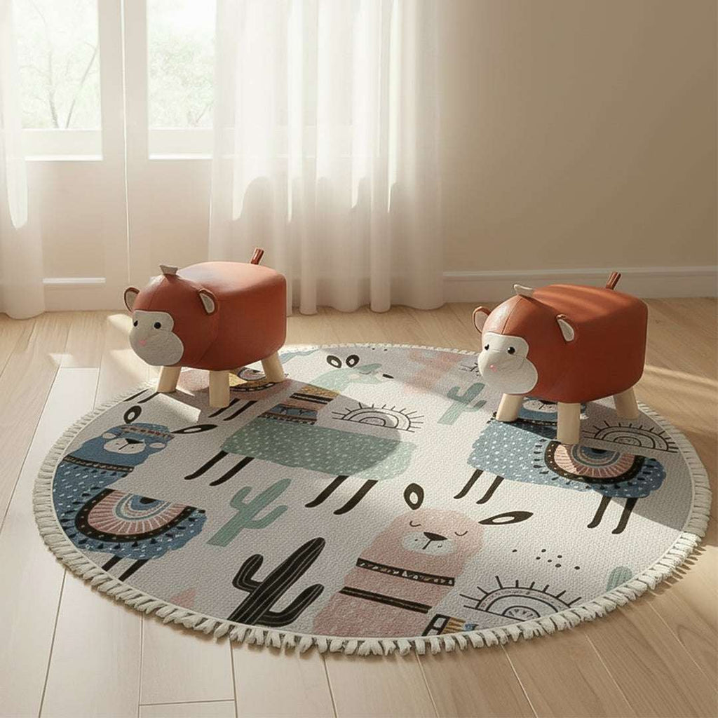 SOGA Home & Living Bundle – 2 Orange Monkey Children’s Ottoman & Alpaca Cactus Pattern Rug $ 134