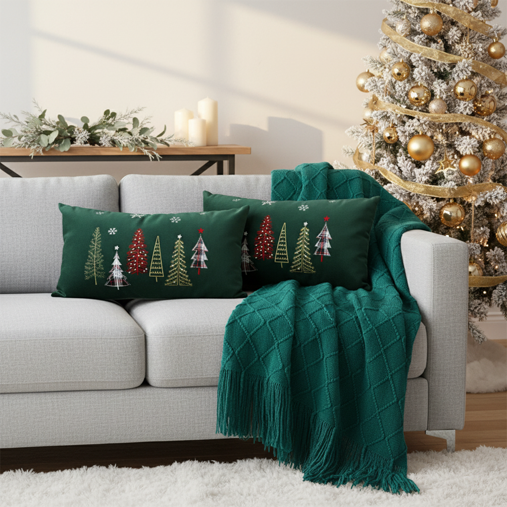 SOGA Christmas Bundle – 2 Dark Green Christmas Forest Lumbar Pillow & Teal Knitted Throw Blanket $ 162