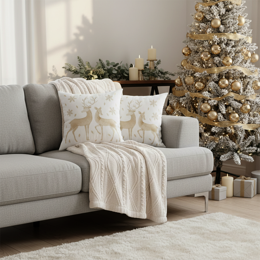 SOGA Christmas Bundle – 2 White & Gold Christmas Reindeer Pillow & White Chenille Fleece Throw $ 260