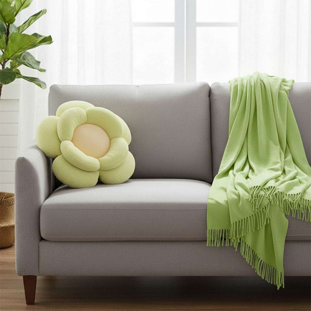 SOGA Home & Living Bundle – Green Double Flower Cushion & Acrylic Knitted Throw Blanket $ 156