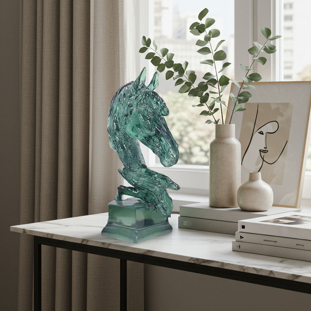 SOGA 37cm Green Horse Head Resin Sculpture Flowing Mane Design
