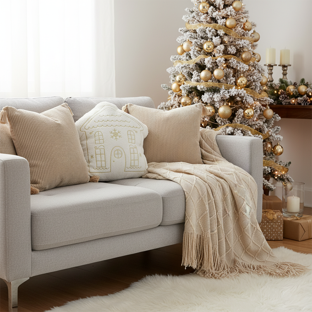 SOGA Christmas Bundle – 2 Khaki Wabi-Sabi & White Christmas House Pillows with Beige Knitted Throw $ 257
