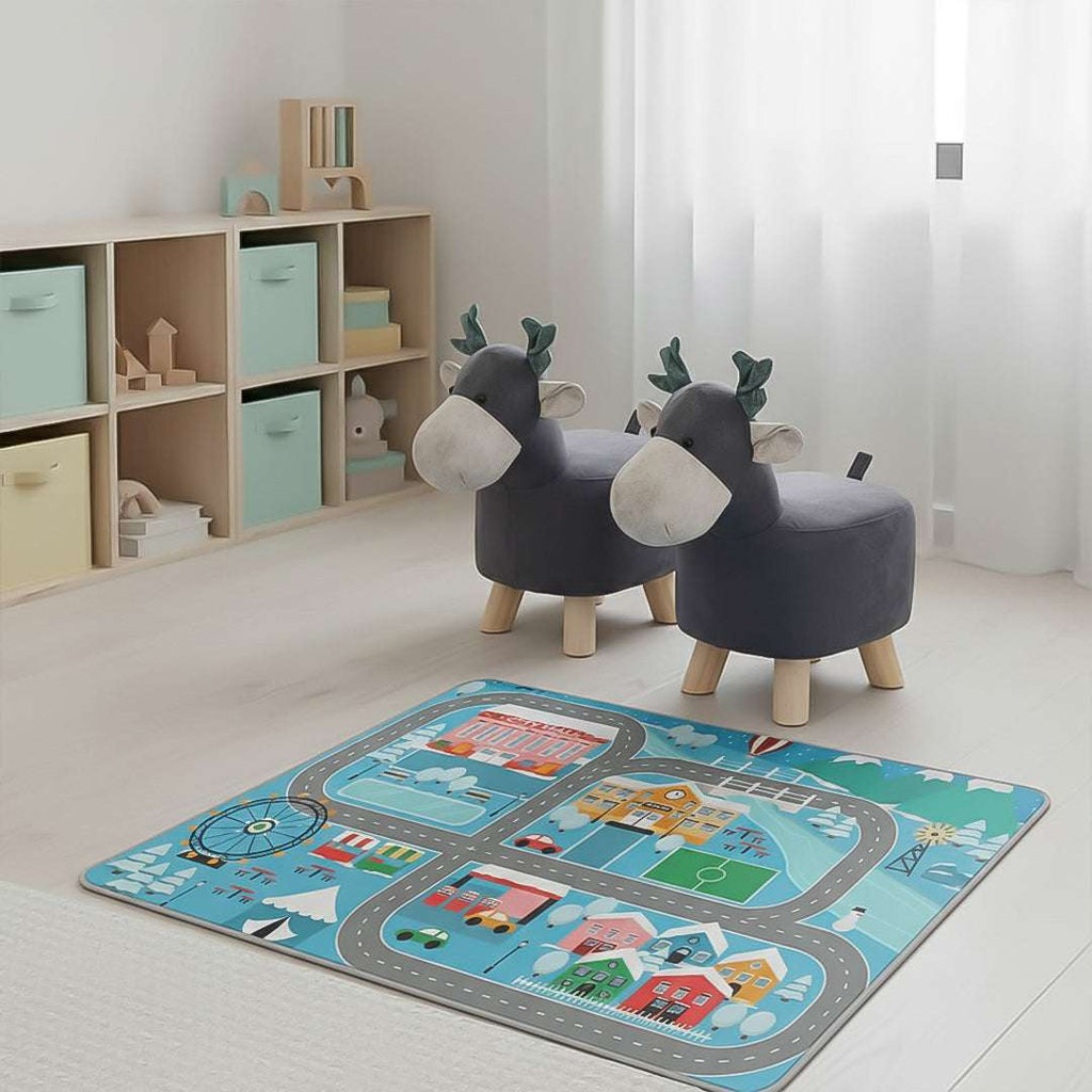 SOGA Home & Living Bundle – 2 Grey Deer Character Children's Ottoman & Kids Street Map Rug