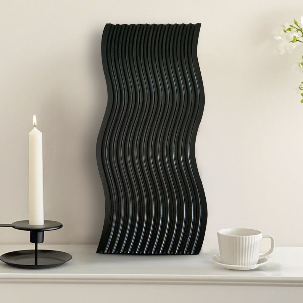 SOGA 39cm Black Wave Ribbed Wooden  - Premium Beech Wood Decorative Tray