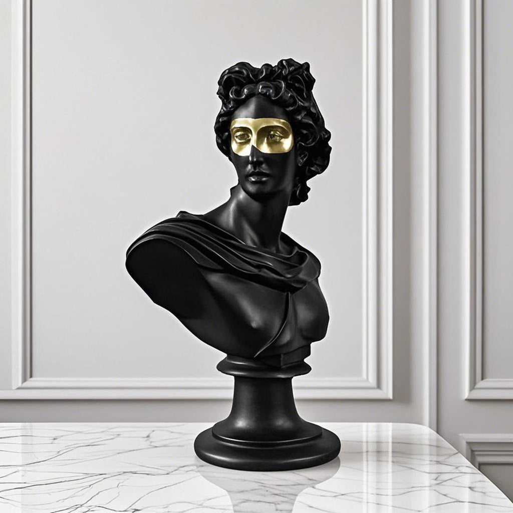 SOGA 40cm Black Classical Bust Resin Sculpture with Gold Eye Mask