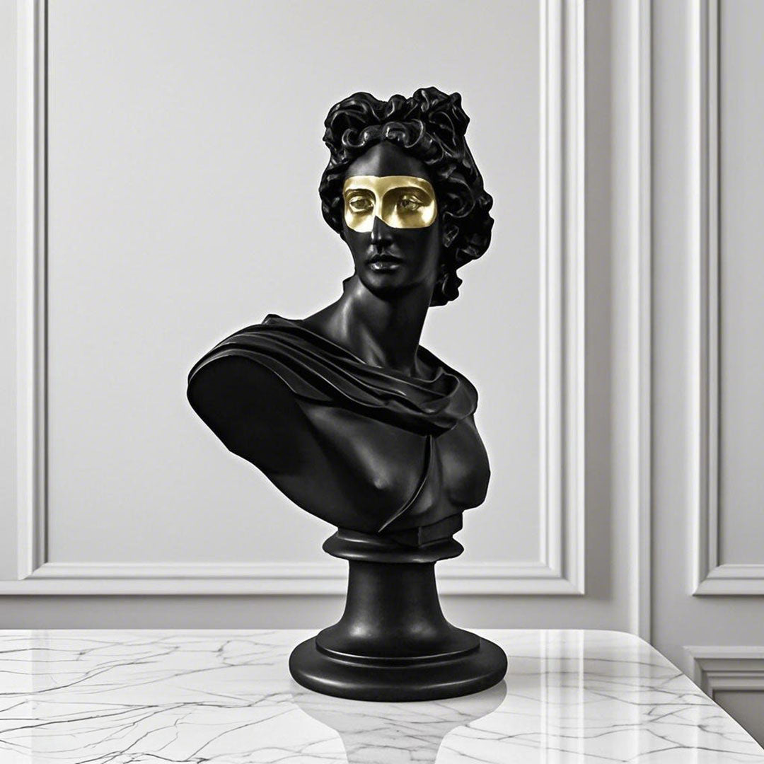 SOGA 40cm Black Classical Bust Resin Sculpture with Gold Eye Mask