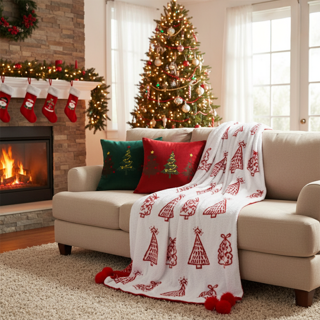 SOGA Christmas Bundle – Green & Burgundy Embroidered Tree Pillows & Red Holiday Throw Blanket $ 206