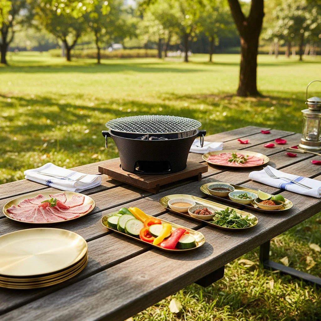 SOGA Kitchenware Bundle A– Gold Nordic Plate Set, 23cm Grilling Plate & Portable Charcoal BBQ Grill