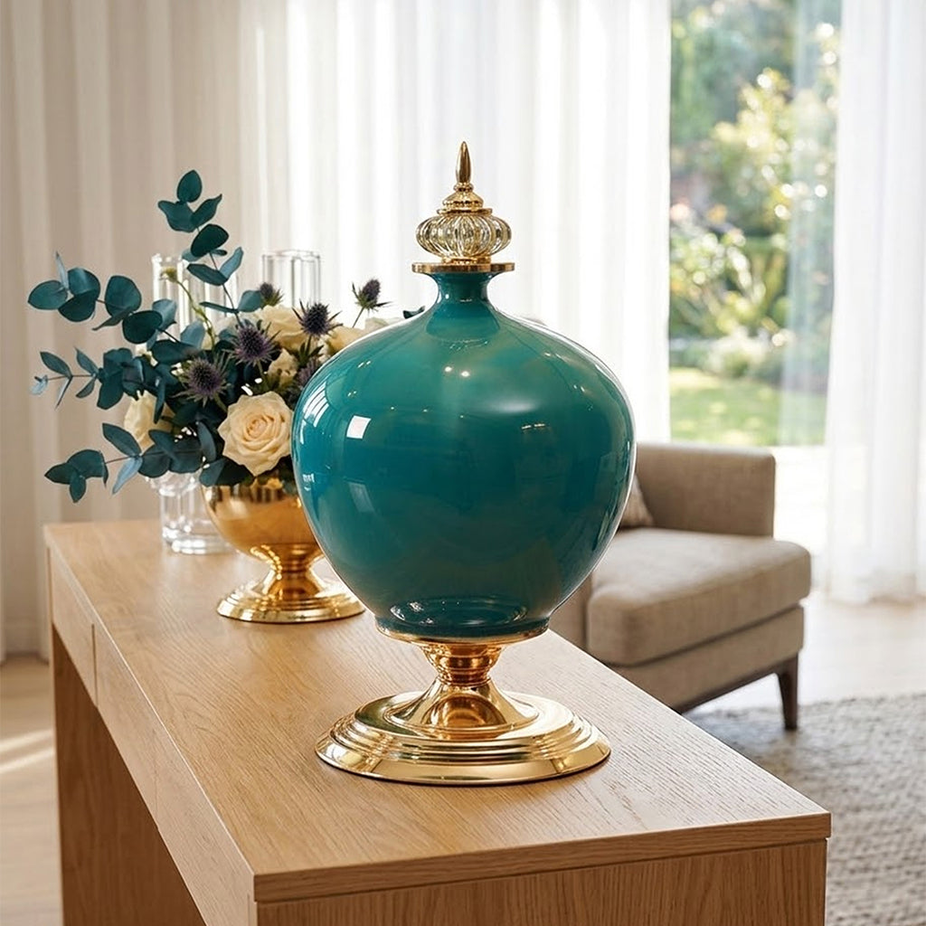 SOGA 38cm Ceramic Oval Flower Vase with Gold Metal Base Green