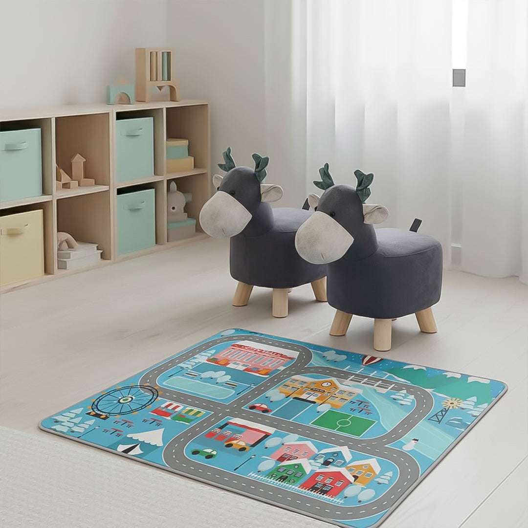 SOGA Home & Living Bundle – 2 Grey Deer Character Children's Ottoman & Kids Street Map Rug $ 139