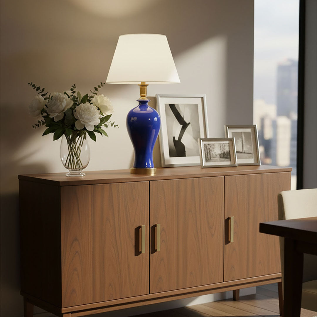 SOGA 2X Blue Ceramic Oval Table Lamp with Gold Metal Base