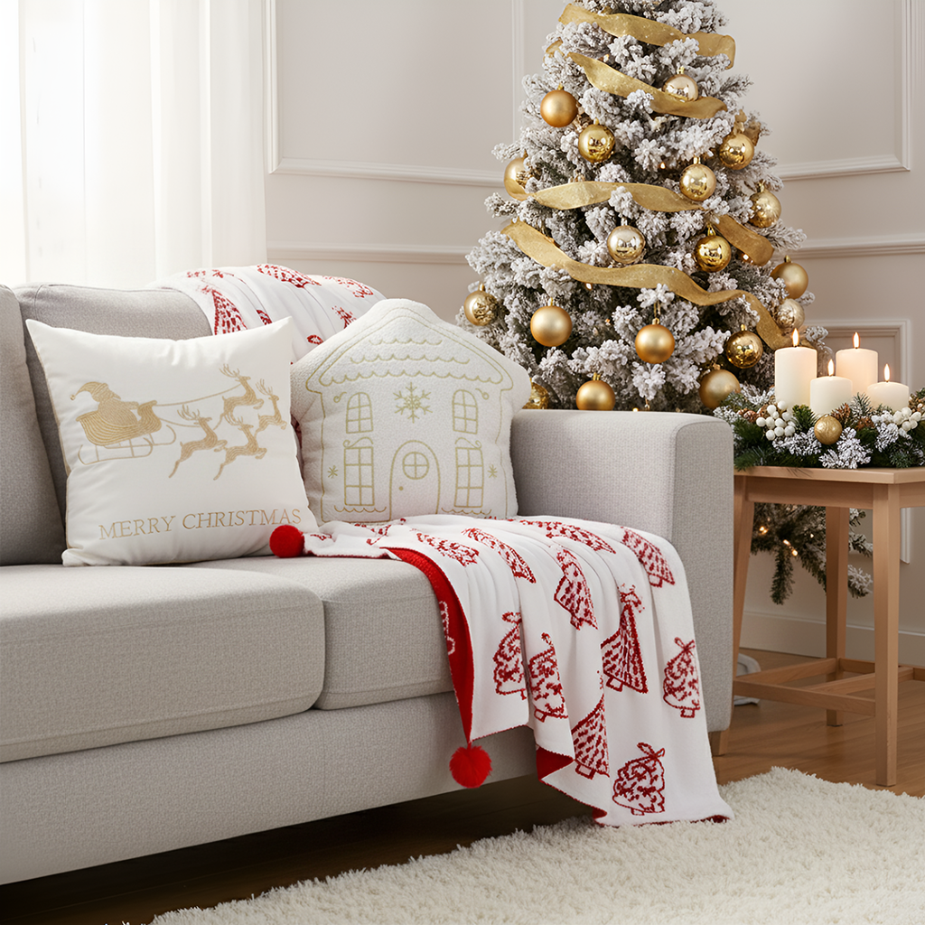 SOGA Christmas Bundle – Red Christmas Tree Fleece Throw & White Festive Holiday Pillows $ 215