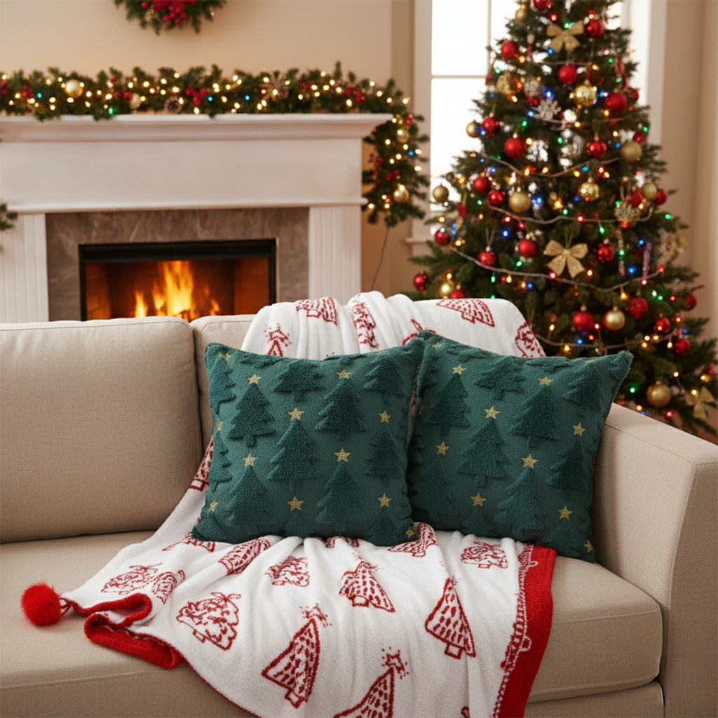 SOGA Christmas Bundle – 2 Festive Teal Christmas Tree Pillow & Red Holiday Throw Blanket $ 243
