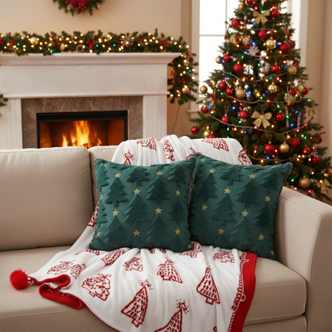 SOGA Christmas Bundle – 2 Festive Teal Christmas Tree Pillow & Red Holiday Throw Blanket $ 243