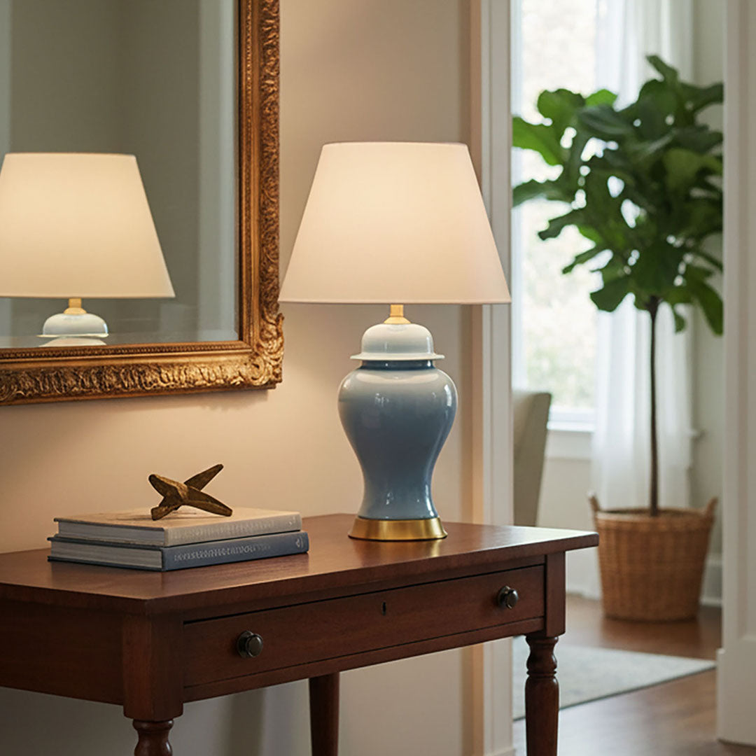 SOGA Oval Ceramic Table Lamp with Gold Metal Base Desk Lamp Blue