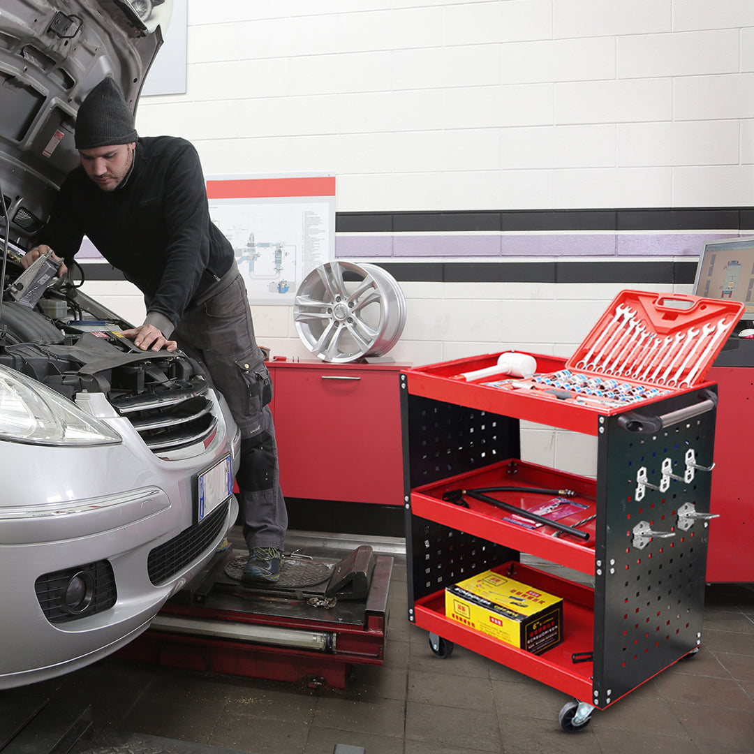 SOGA 2X 3 Tier Tool Storage Cart Portable Service Utility Heavy Duty Mobile Trolley with Hooks Red