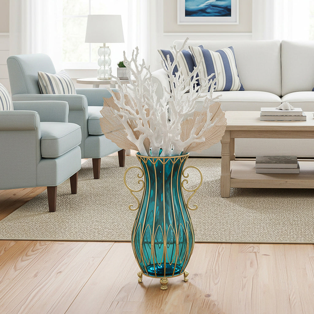 SOGA 51cm Blue Glass Oval Floor Vase with Metal Flower Stand