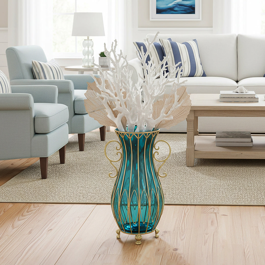 SOGA 51cm Blue Glass Oval Floor Vase with Metal Flower Stand