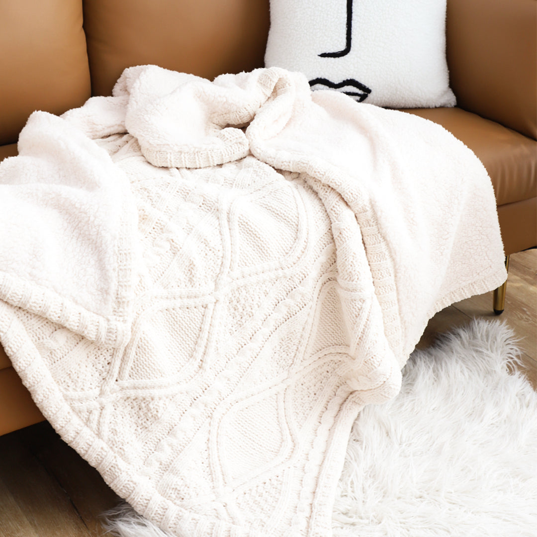 SOGA 200x230cm Throw Blanket White Chenille Fleece Knitted Fabric on One Side Soft Suede