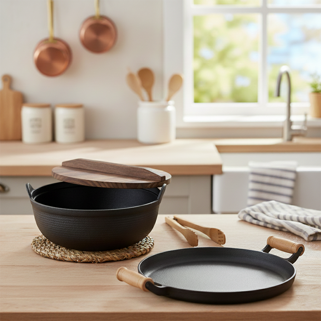 SOGA Kitchenware Bundle – Cast Iron Sukiyaki Hot Pot & Frying Pan Skillet with Wooden Handle