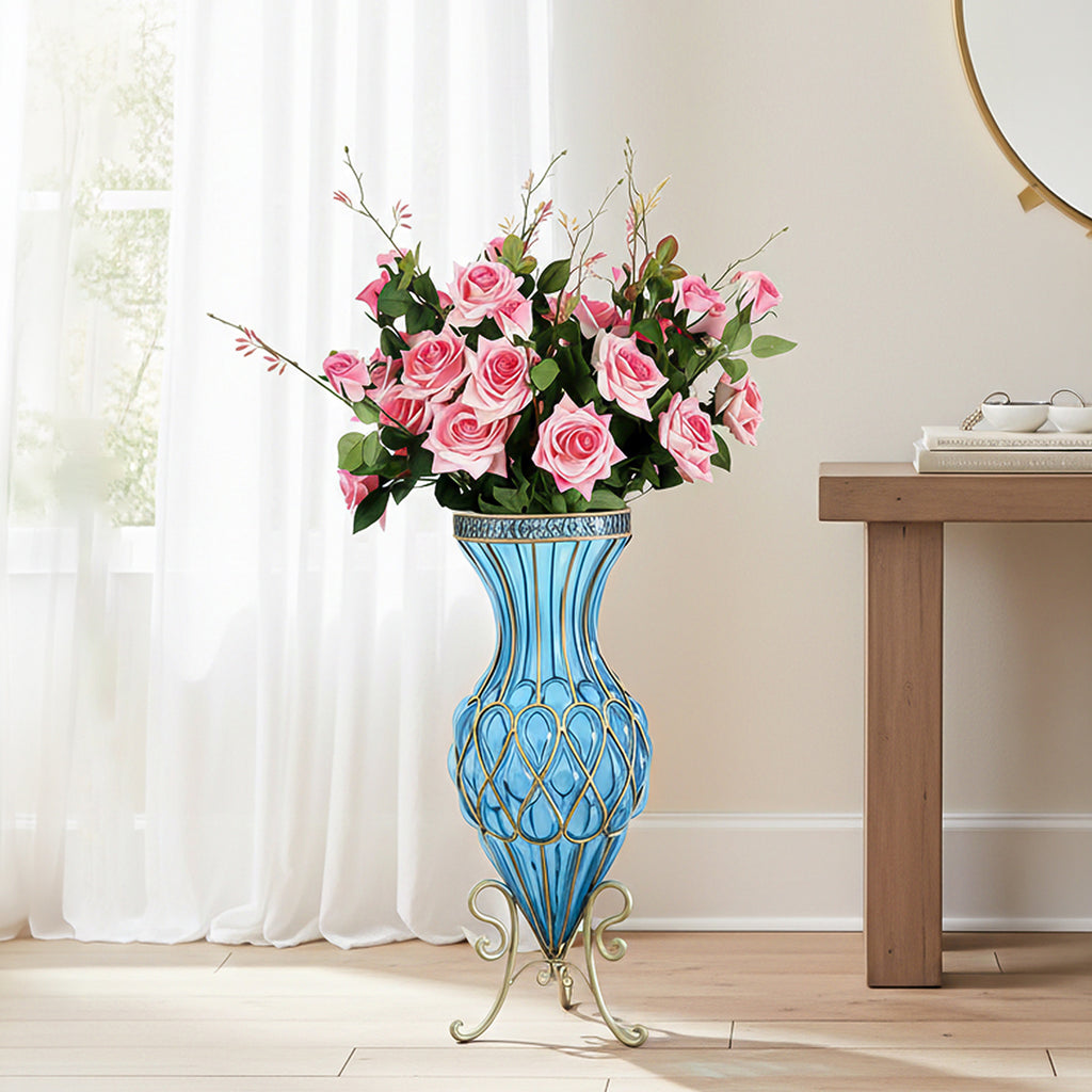 SOGA 67cm Blue Glass Tall Floor Vase and 12pcs Pink Artificial Fake Flower Set