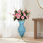 SOGA 67cm Blue Glass Tall Floor Vase and 12pcs Pink Artificial Fake Flower Set
