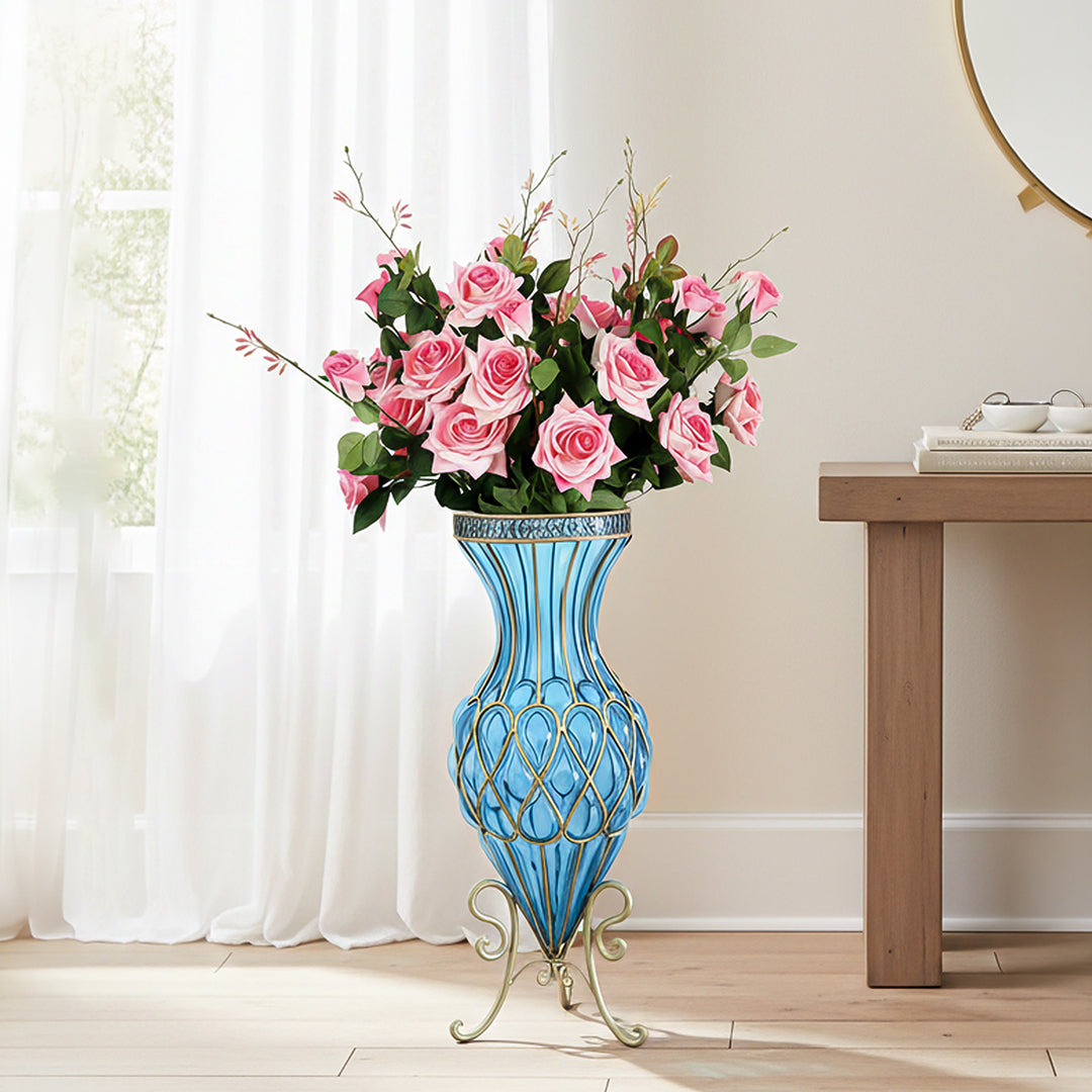 SOGA 67cm Blue Glass Tall Floor Vase and 12pcs Pink Artificial Fake Flower Set