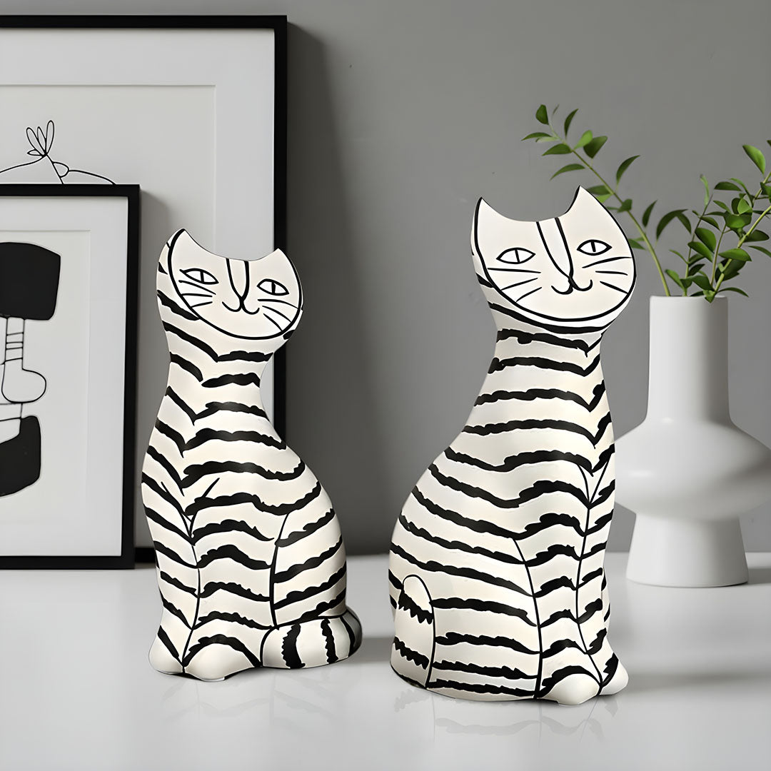 SOGA 22cm and 27cm Black & White Striped Cat Resin Sculptures