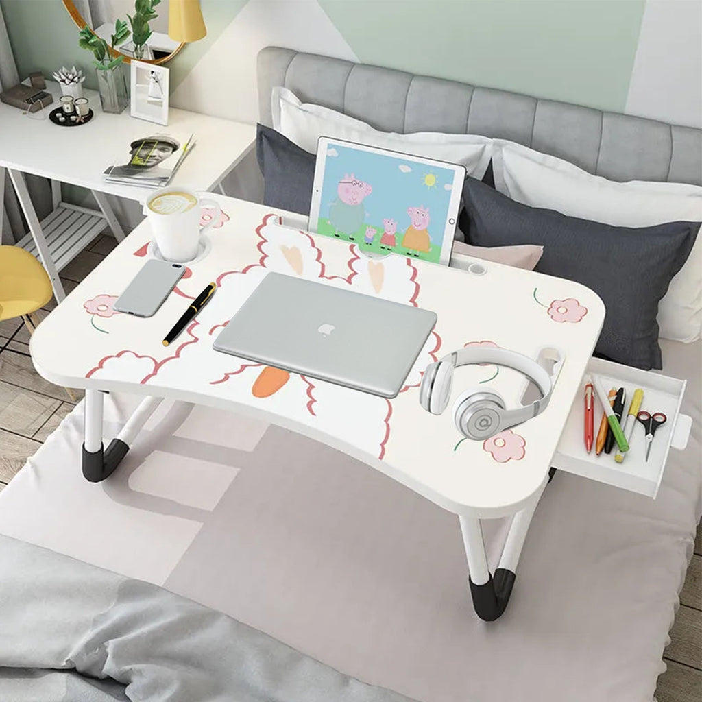 SOGA 2X Cute Rabbit Design  Portable Bed Table Adjustable Foldable Bed Sofa Study Table Laptop Mini Desk with Drawer and Cup Slot Home Decor