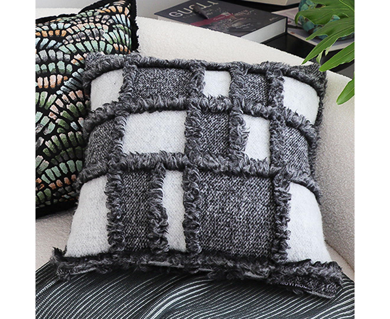 SOGA 50cm Bohemian Gray Fringe Checkerboard Textured Throw Pillow