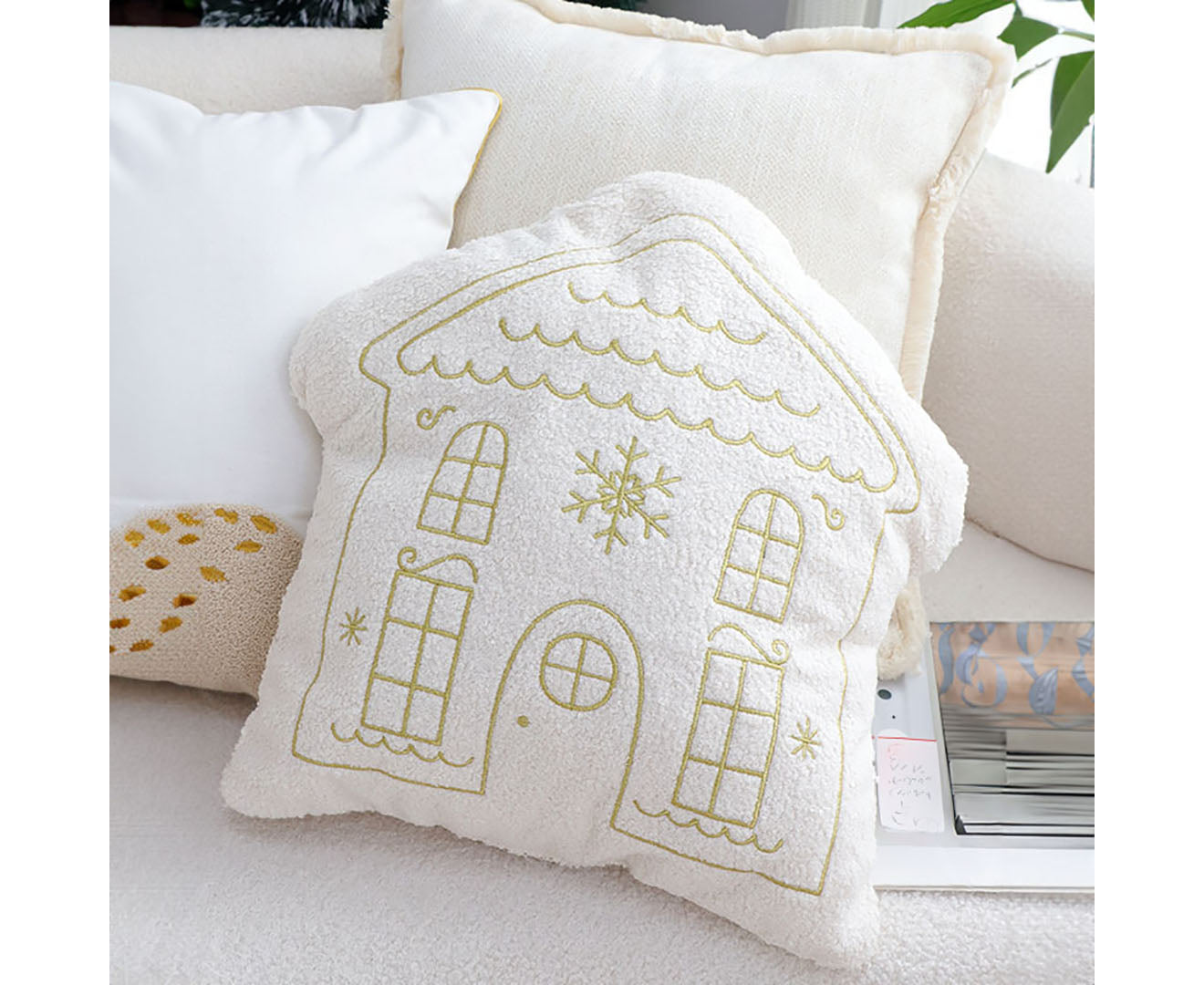 SOGA 40x45cm Festive White Christmas House Shaped Holiday Throw Pillow