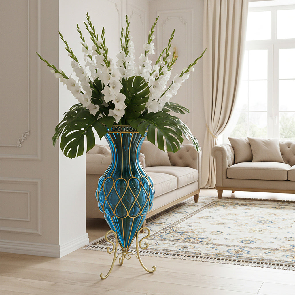 SOGA 65 cm Blue Glass Tall Floor Vase with Metal Flower Stand – Elegant Statement Piece for Modern Homes
