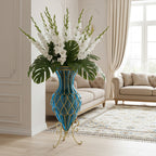 SOGA 65 cm Blue Glass Tall Floor Vase with Metal Flower Stand – Elegant Statement Piece for Modern Homes