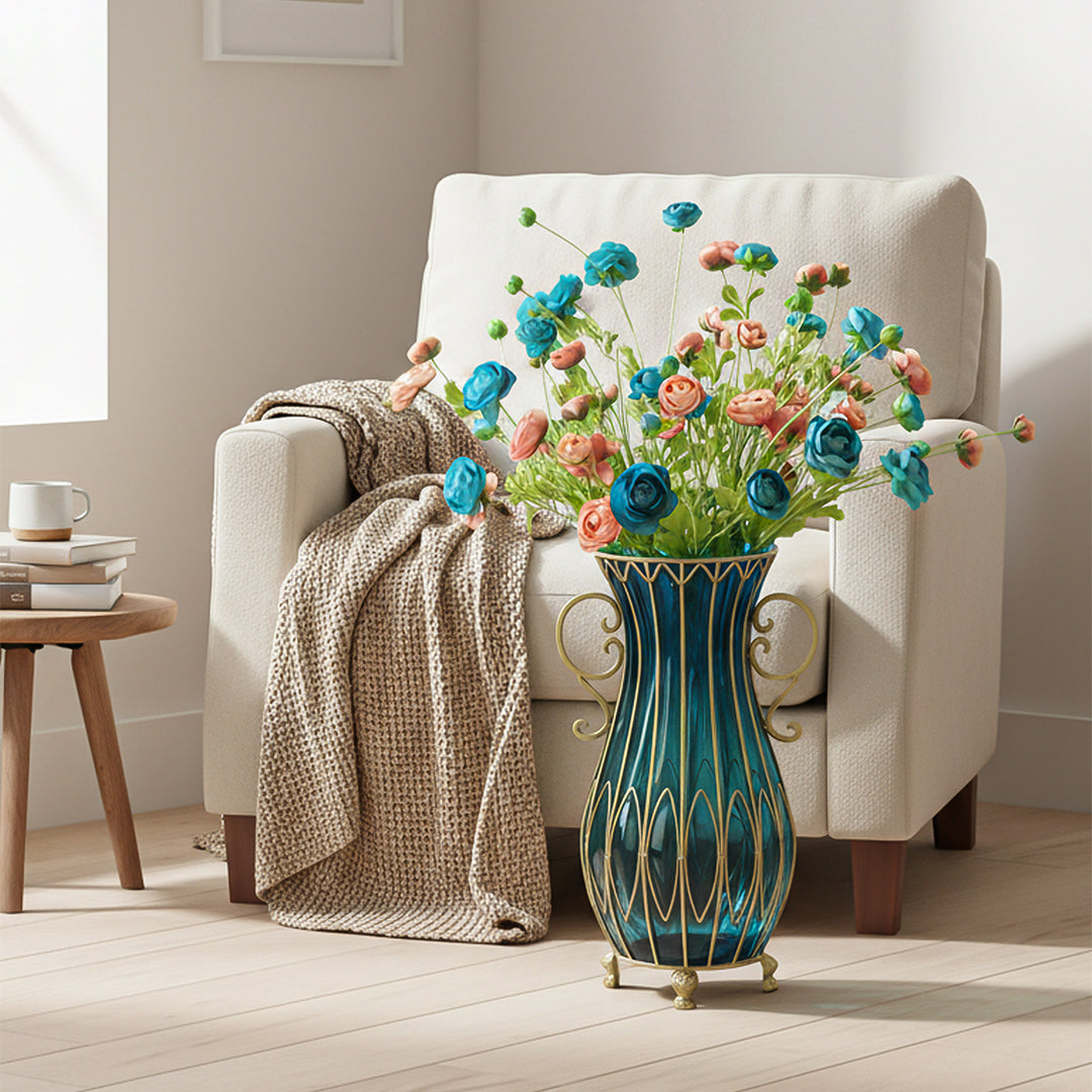 SOGA 51cm Blue Glass Tall Floor Vase with 12pcs Artificial Fake Flower Set