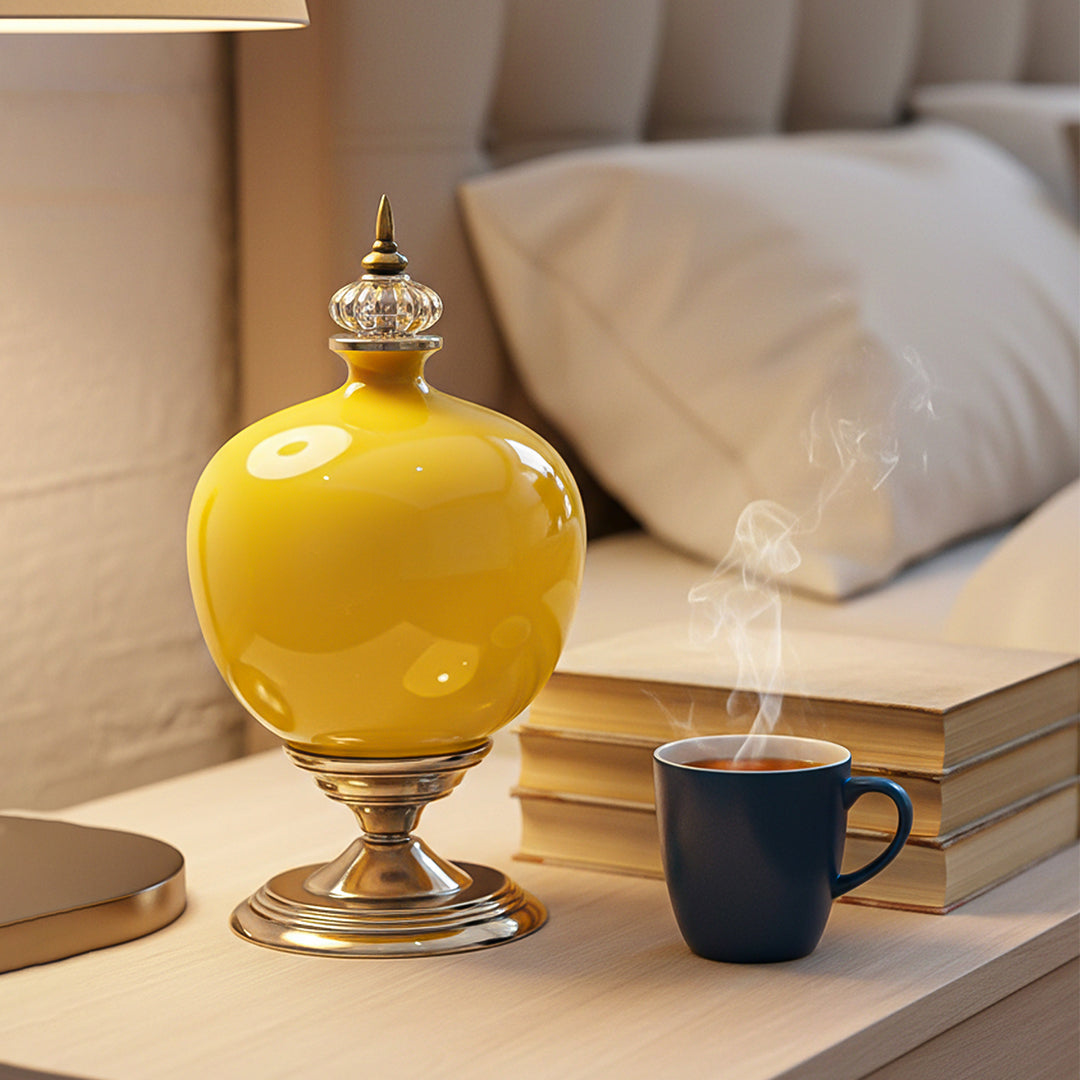 SOGA 38cm Ceramic Oval Flower Vase with Gold Metal Base Yellow