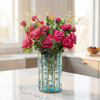 SOGA Blue Glass Cylinder Flower Vase with 8 Bunch 5 Heads Artificial Fake Silk Rose Home Decor Set