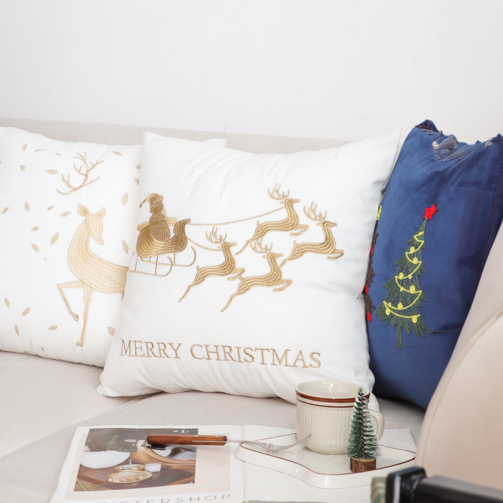SOGA 2X 45cm Throw Pillow White with Golden Christmas Sleigh Design Festive Holiday Square Cushion Decor